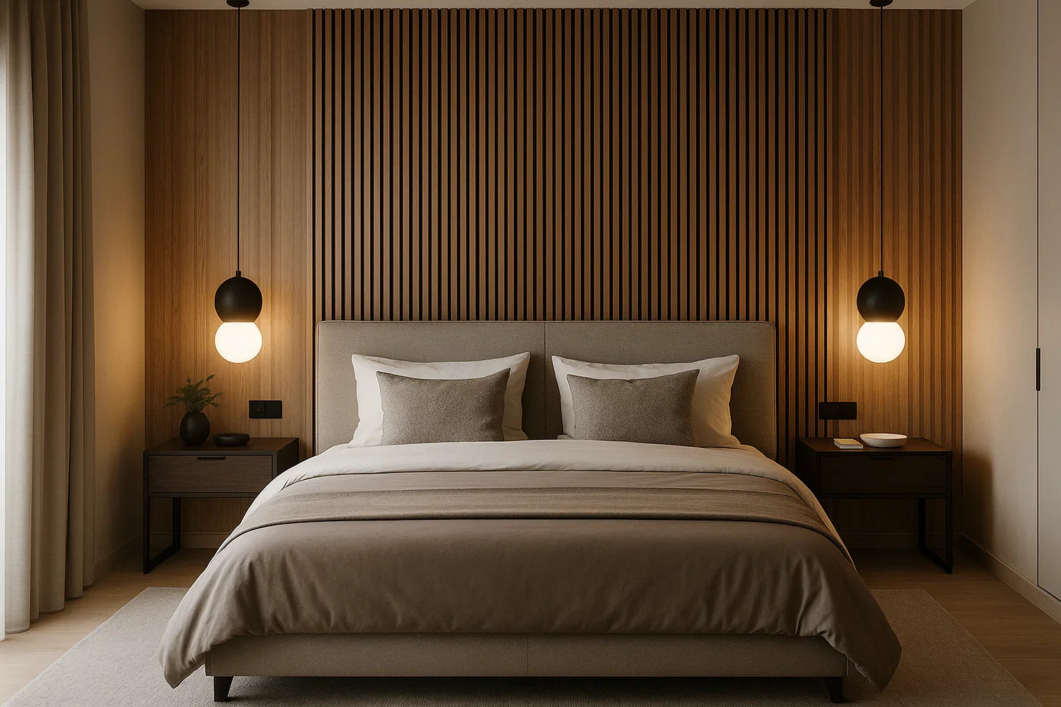 foto van slaapkamer met wandbekleding binnen