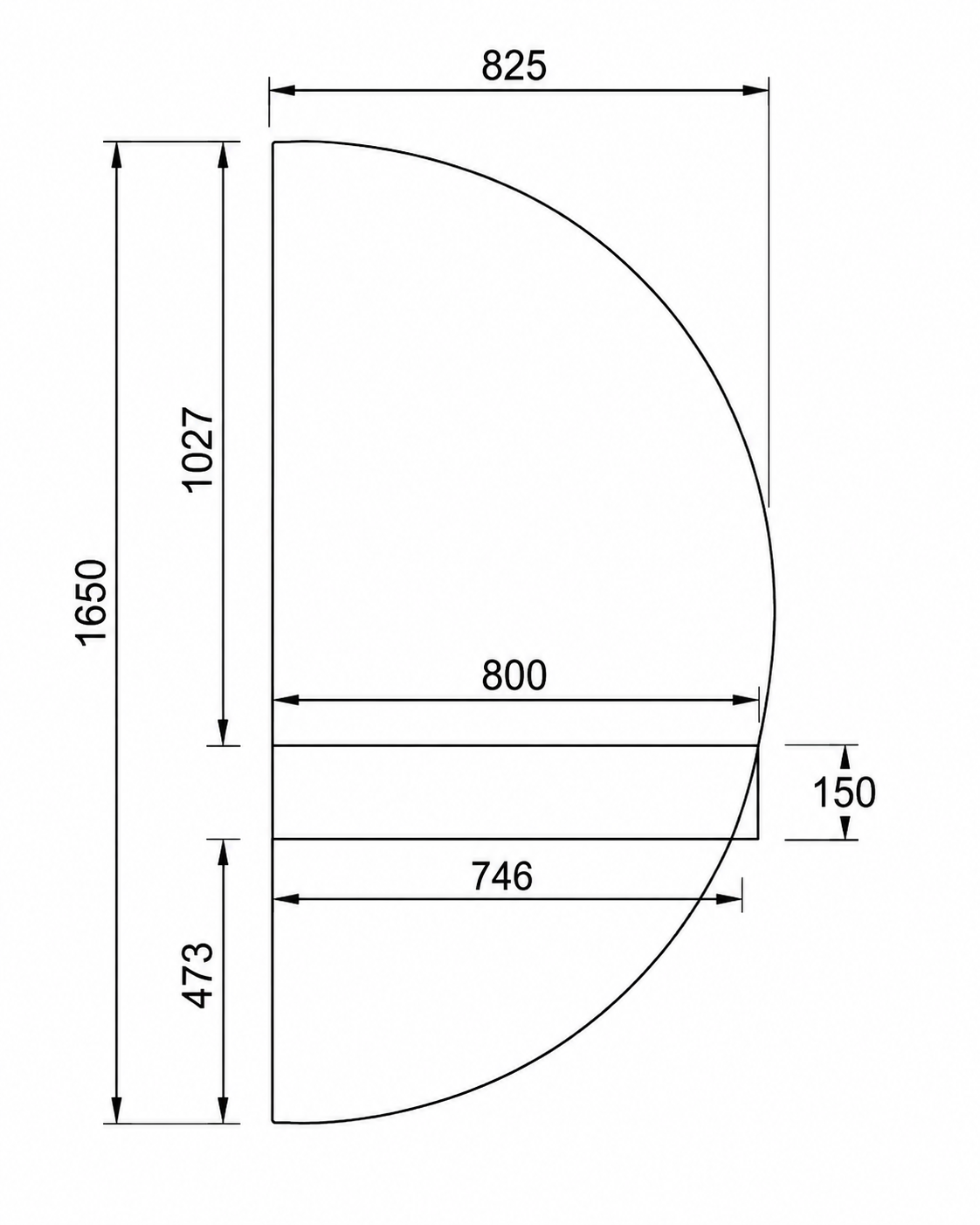Halve Maan spiegel rechts 165 cm