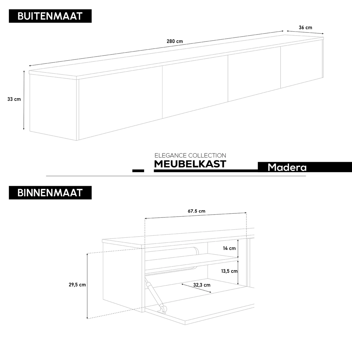 Madera TV-Meubel zwevend zwart 280 cm
